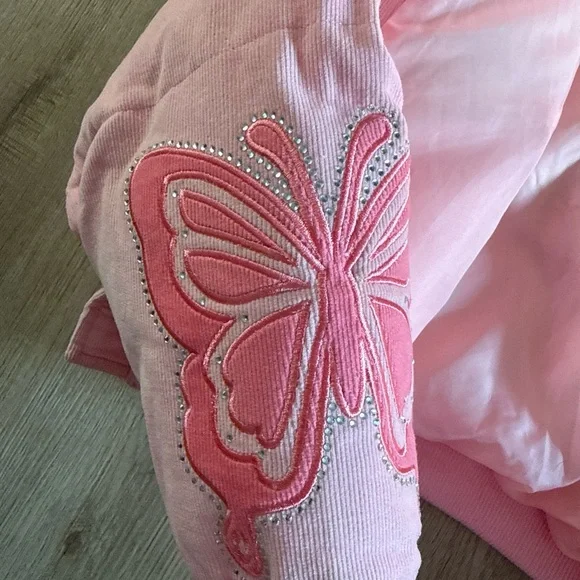Dolls Kill Pink Faux Fur Hood Butterfly Bomber Jacket - Picture 5 of 8